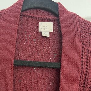 Burgundy open front long cardigan.